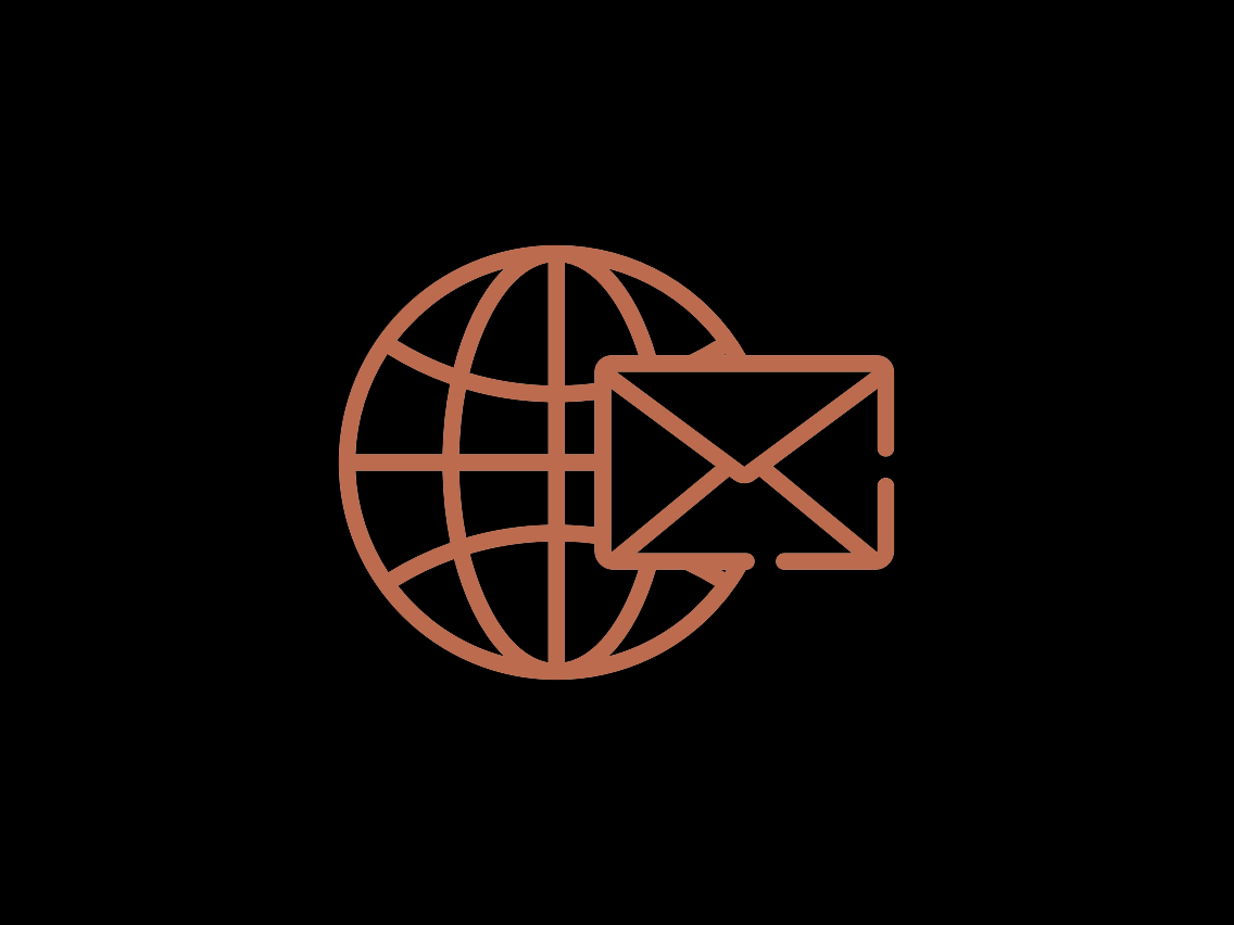 Rostrotes Icon von einem Globus und einem Briefumschlag auf Schwarzen Hintergrund